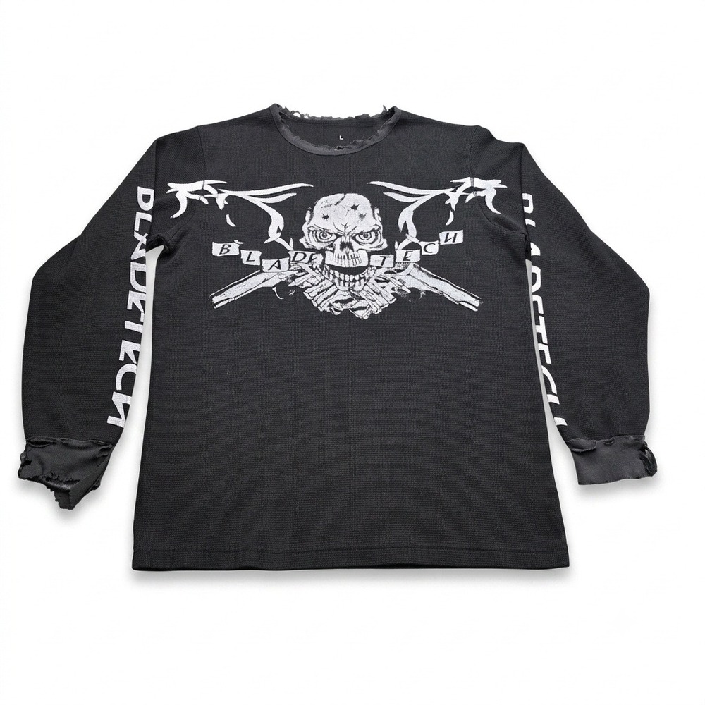 Blade-Tech Skull Guns Waffle Thermal Long Sleeve Shirt Mens L Thrashed Y2K Biker